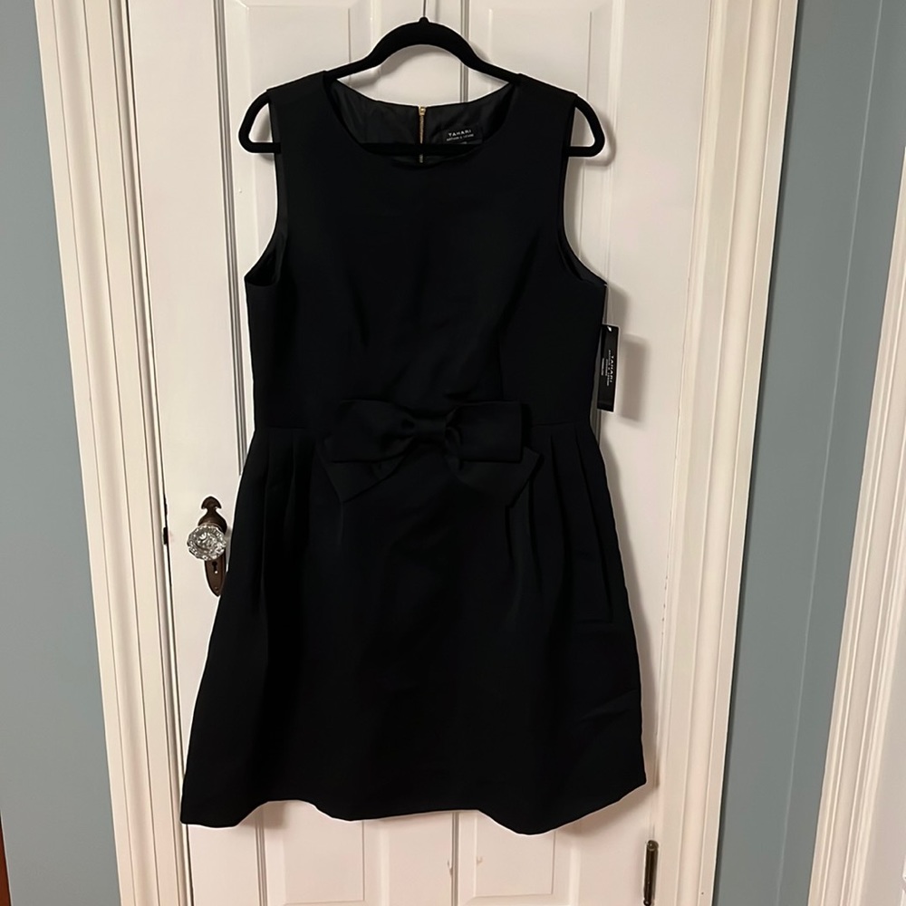 Tahari Black Sleeveless Dress with Large Front Bow and Gold Back Zipper
